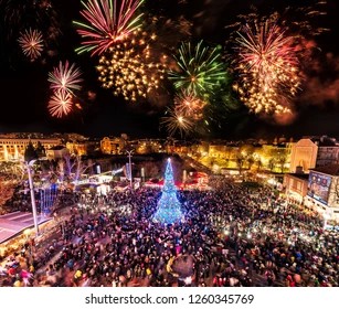 New Year fireworks and crowd in Burgas center
