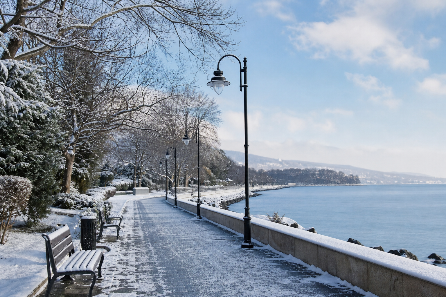 Snowy seafront winter scene in Burgas